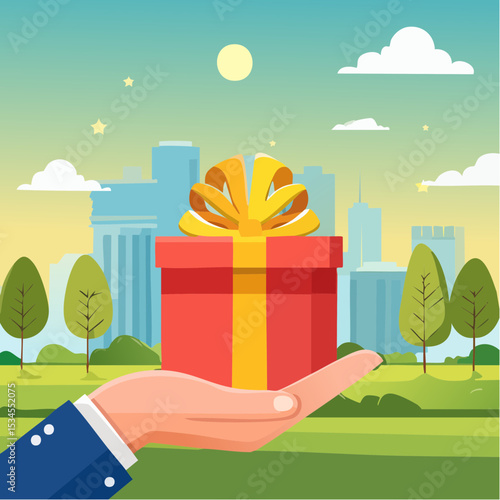 Gift reward program, bonus or surprise present for customer, employee reward or lucky prize, birthday gift box or festive incentive, special loyalty program concept, hand giving gift box with ribbo
