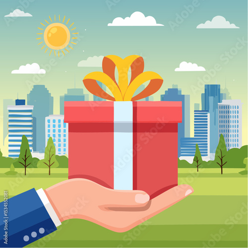 Gift reward program, bonus or surprise present for customer, employee reward or lucky prize, birthday gift box or festive incentive, special loyalty program concept, hand giving gift box with ribbo