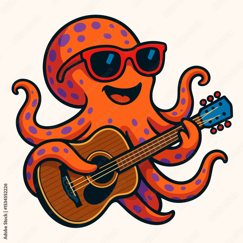 Obraz premium Funny octopus with guitar vector illustration