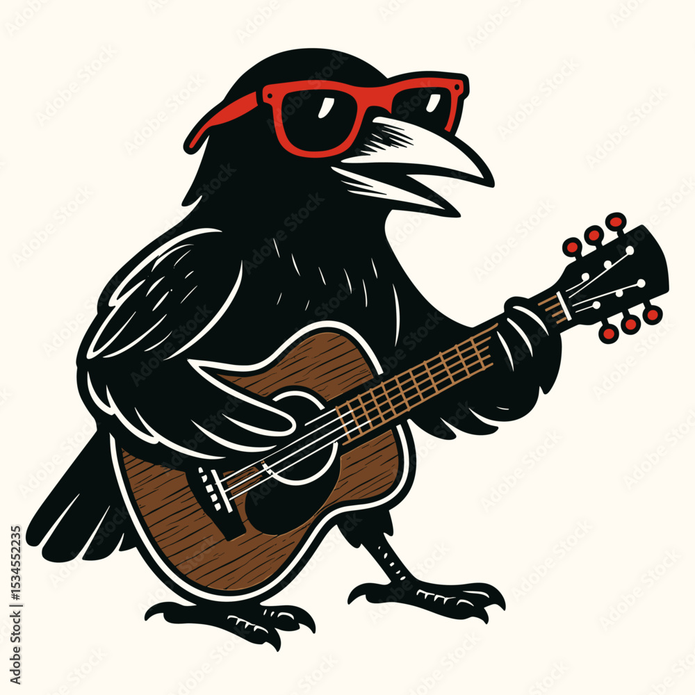 Naklejka premium Funny crow with guitar vector illustration