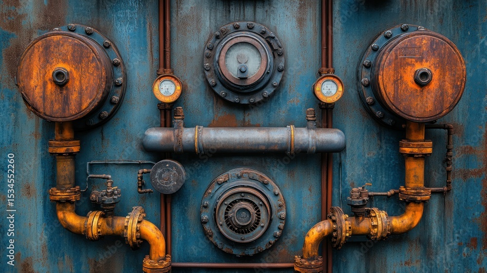 Rusty steampunk panel with pipes and gauges Rusty steampunk panel with pipes and gauges