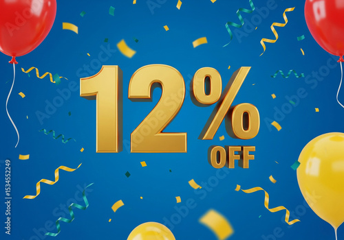 12% off sale promotion with balloons confetti