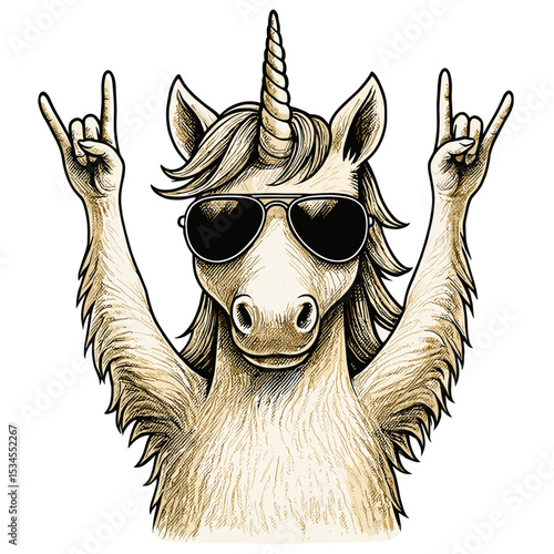 Funny unicorn with sunglasses and rocker greeting sign, vector illustration