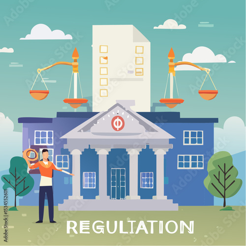 Regulations, law or rules, authority, legislation or government lawsuit, legal document justice or courthouse, verdict or punishment concept, businessman hold gavel with scale and regulation document