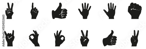 Hand Gesture Silhouettes In Icon Set. Communication And Expression Symbol Collection. Social And Educational Use. Isolated Vector Illustration