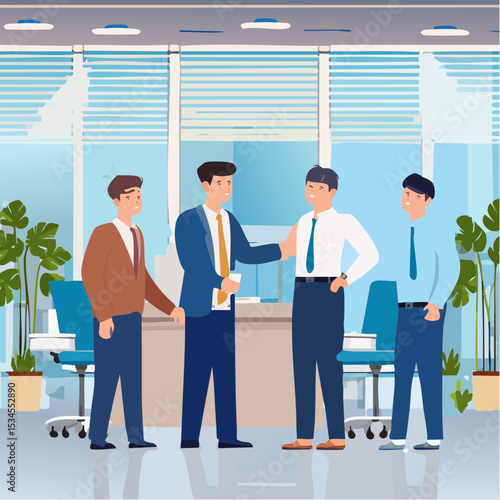 Onboarding new employee, warm welcome to new office, introduce new hire to colleagues, orientation training on first day concept, businessman manager handshake welcome and introduce new staff to tea