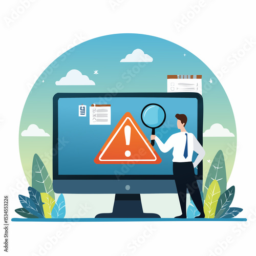 Incident management, root cause analysis or solving problem, identify risk or critical failure concept, businessman with magnifier monitor and investigate incident with exclamation attention sig