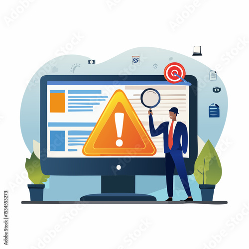 Incident management, root cause analysis or solving problem, identify risk or critical failure concept, businessman with magnifier monitor and investigate incident with exclamation attention sig