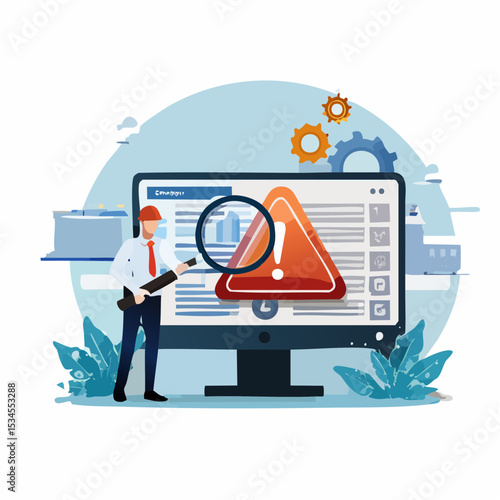 Incident management, root cause analysis or solving problem, identify risk or critical failure concept, businessman with magnifier monitor and investigate incident with exclamation attention sig