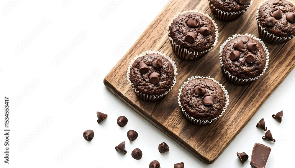 Fototapeta premium Wooden board with tasty chocolate muffins on white background