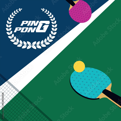 Green table for table tennis, rackets, ping pong ball. Design of a tournament poster, flat style, competitions, racket sports