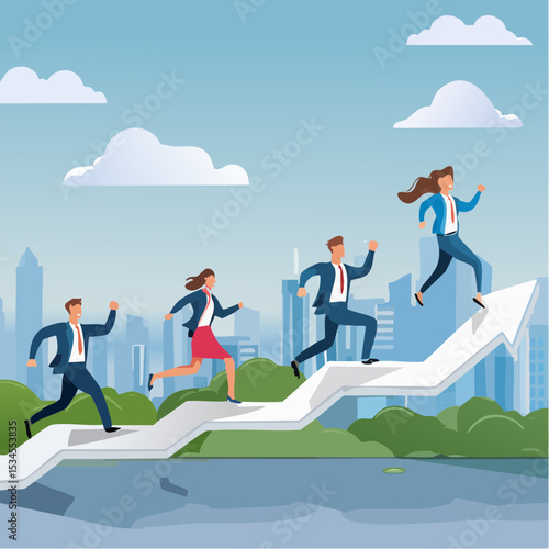 Business challenge, growing to success, growth chart or career path, teamwork winning together, work improvement or leadership, motivation concept, business people running on growth arrow up char
