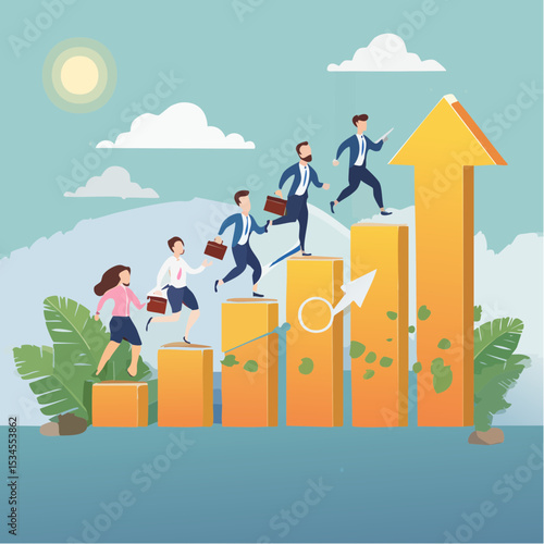Business challenge, growing to success, growth chart or career path, teamwork winning together, work improvement or leadership, motivation concept, business people running on growth arrow up char