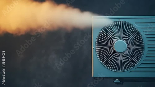 Heat pump emitting smoke on dark background