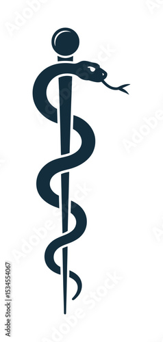Asclepius rod symbol icon featuring snake wrapped around staff, used in healthcare and medical designs, isolated on white background, also known as rod of aesculapius or traditional healing emblem

