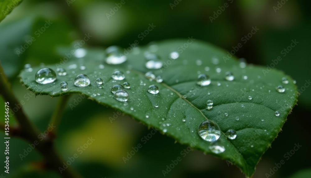 Macro photography of a green leaf with sparkling water droplets, nature's delicate beauty Macro photography of a green leaf with sparkling water droplets, nature's delicate beauty