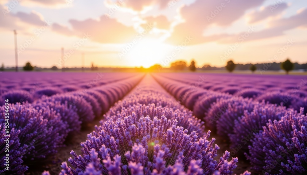Obraz premium Breathtaking lavender field sunset, a captivating display of nature's colors in full bloom