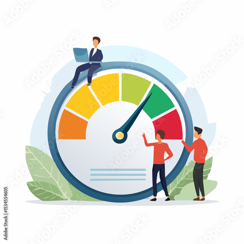 Performance rating, risk management or employee survey score, evaluation or grade assessment, employee engagement, credit score, productivity concept, business people help push measuring gauge scale