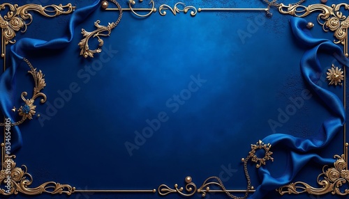 Blue Background with Golden Ornament and Silk Drape