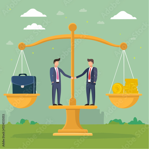 Negotiation for business winning, agreement or partnership deal for both benefit, merger and acquisition, professional talk concept, businessman handshake with success negotiation over balance seesa