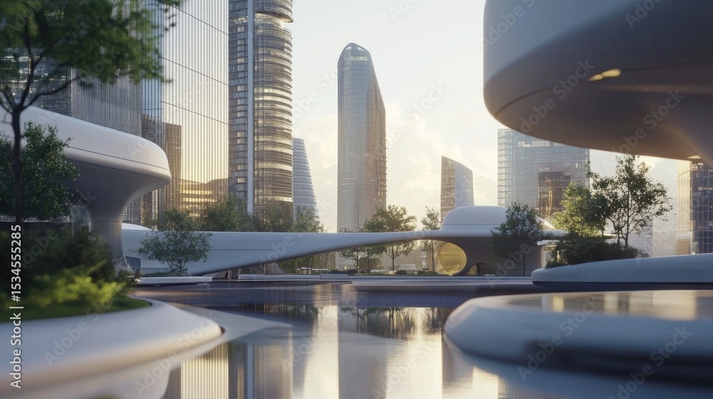Fototapeta premium Modern Urban Landscape with Futuristic Skyscrapers and Serene Reflections in Water at Sunrise