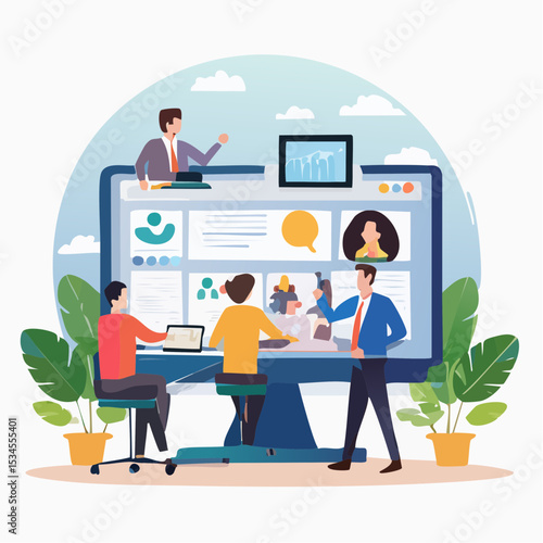 Online discussion board, group chat or video focused group meeting, online conference talking, team chat or technology for team conversation concept, business people chatting dialogue in compute