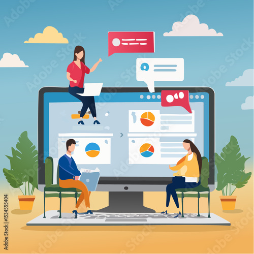 Online discussion board, group chat or video focused group meeting, online conference talking, team chat or technology for team conversation concept, business people chatting dialogue in compute