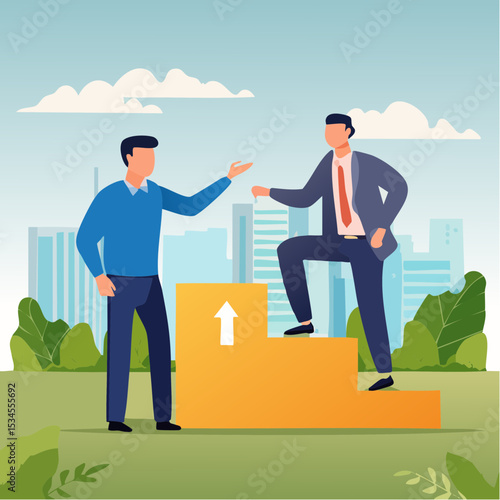 Support employee to reach success and career growth, mentor or coaching help employee engagement, working community, teamwork or career development, businessman manager help colleague growing stai