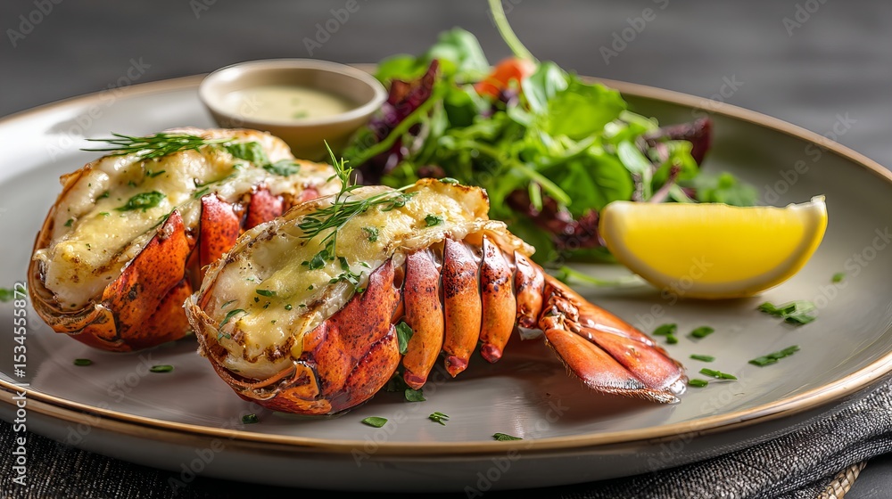 A split Maine lobster filled with creamy Thermidor sauce, perfectly grilled and presented on a sophisticated plate with lemon, herbs, and a delicate side salad A split Maine lobster filled with creamy Thermidor sauce, perfectly grilled and presented on a sophisticated plate with lemon, herbs, and a delicate side salad