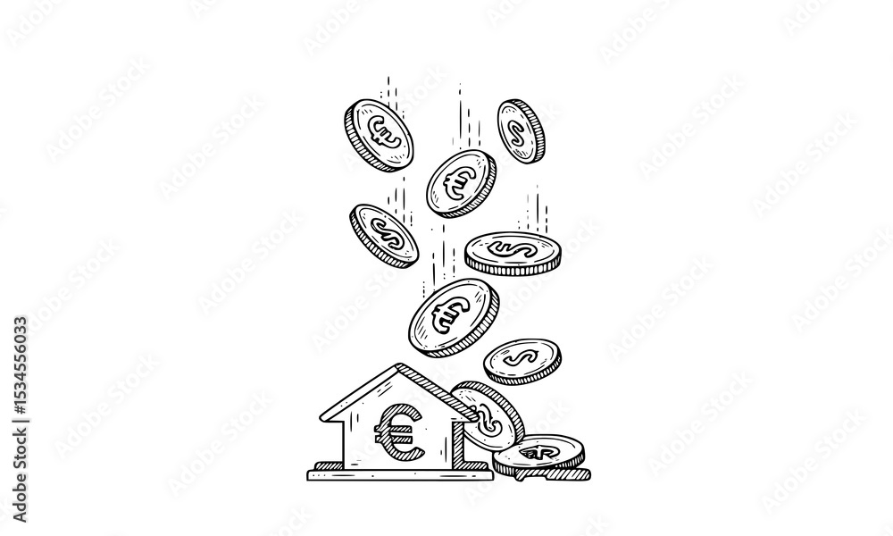 Obraz premium A conceptual illustration of a house with Euro coins falling, symbolizing financial growth and investment opportunities in real estate.
