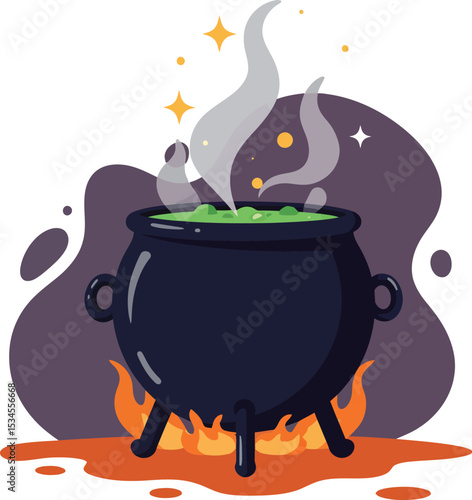 Witch Cauldron with Magical Potion and Steam Rising Illustration in Dark Purple and Green Colors