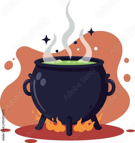 Witchs black cauldron boiling green potion with fire and steam spooky vector illustration 