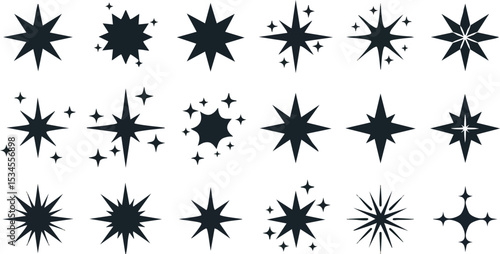 Vintage star shapes set with diverse black silhouettes vector illustration collection 