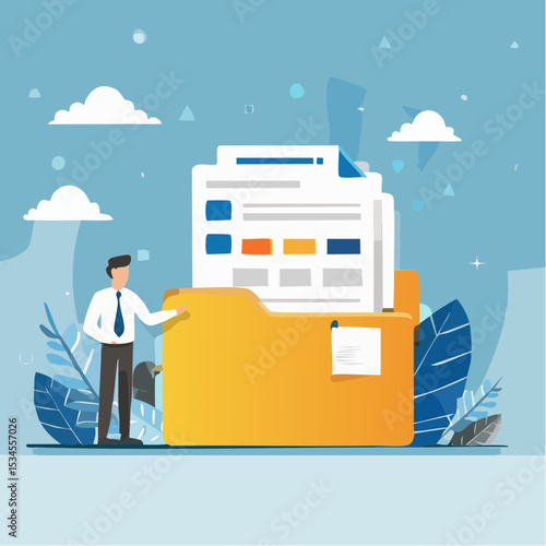 Organize files folder or archive document to be index, administration work, plan or file management, arrange online data or paperwork concept, businessman organize document file into archive folder