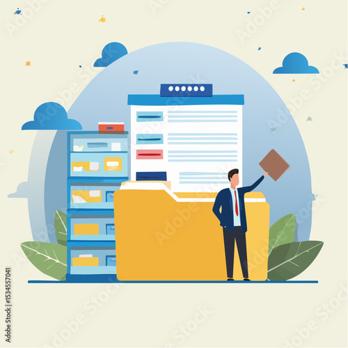 Organize files folder or archive document to be index, administration work, plan or file management, arrange online data or paperwork concept, businessman organize document file into archive folder