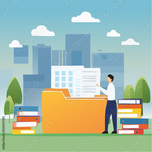 Organize files folder or archive document to be index, administration work, plan or file management, arrange online data or paperwork concept, businessman organize document file into archive folder