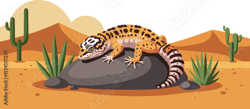 Leopard gecko resting on rock in desert landscape with cacti and mountains vector illustration 