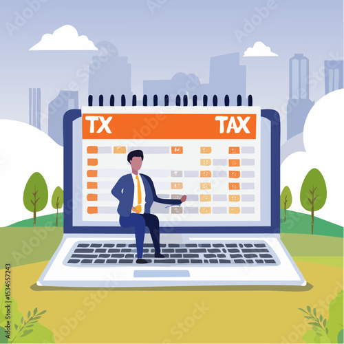 Tax online payment on computer laptop, income tax calculation deadline, refund or revenue paperwork, financial duty concept, businessman on tax calculation payment with calendar date computer lapto