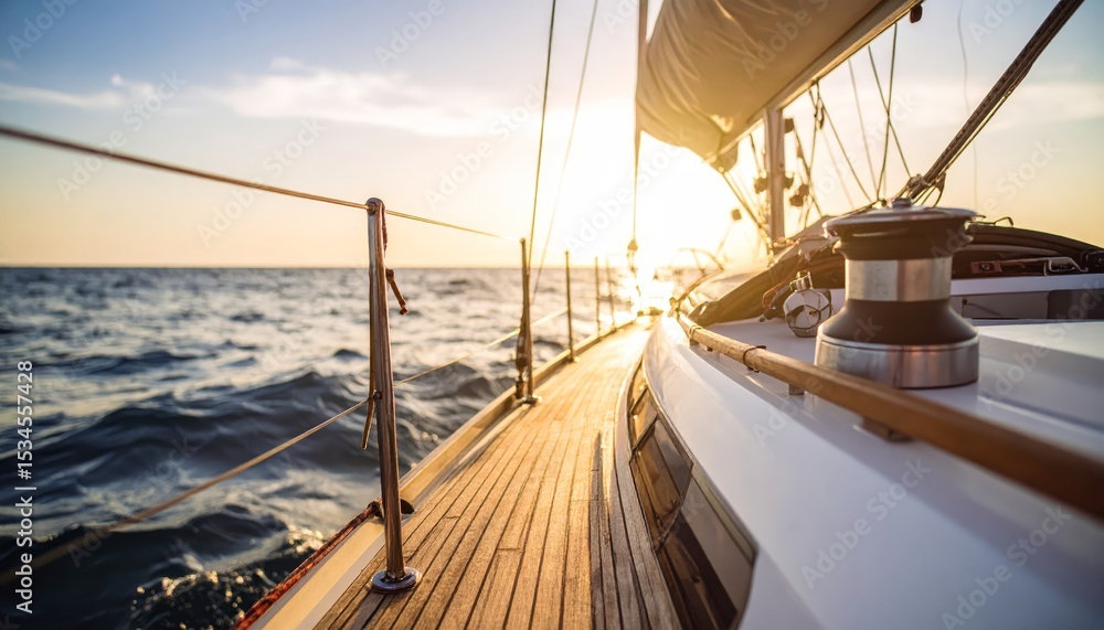 Fototapeta premium Golden sunset on a sailboat deck, tranquil ocean views and nautical serenity