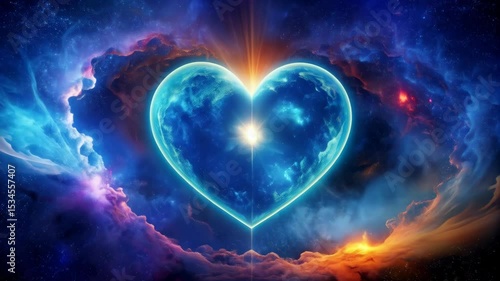 Glowing heart shape planet surrounded by ethereal cosmic clouds and stardust in a vast and colorful night sky.