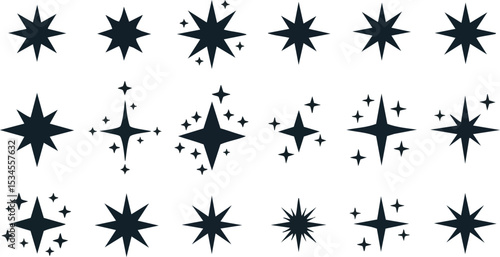 Black vector star shapes set with various sizes and styles for graphic design use 