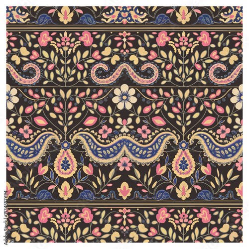 Seamless folk paisley and floral stripe pattern in blush, cream, and navy on a dark background. Perfect for boho clothing, cushion covers, shawls, bedding, and decorative home textiles.