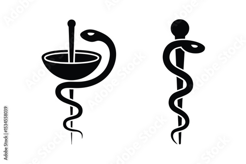 Set of Caduceus and Rod of Asclepius Icons in Fill Style – Medical and Healthcare Symbols

