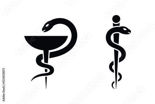 Set of Caduceus and Rod of Asclepius Icons in Fill Style – Medical and Healthcare Symbols

