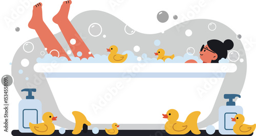 Woman relaxing in bathtub with rubber ducks and foam bubbles vector illustration for lifestyle and leisure activities 