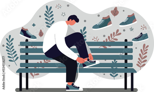 Man sitting on park bench tying shoelaces with sneakers around and decorative plants vector illustration 