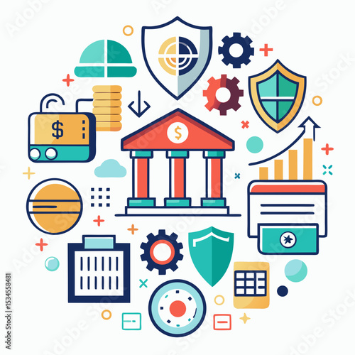 Banking and Finance Concept Vector with Financial Icons on White Background