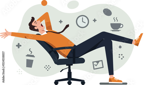 Relaxed man leaning back on office chair with casual posture and work icons around vector illustration 