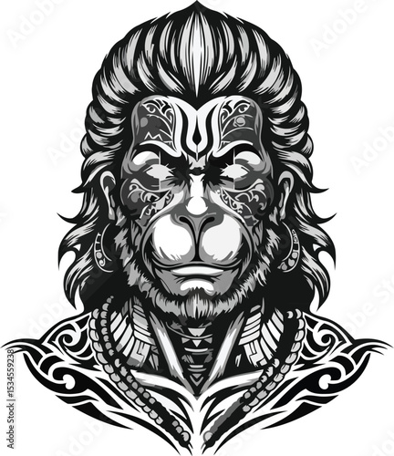 Intricate detailed illustration of hindu god hanuman in black and white vector art