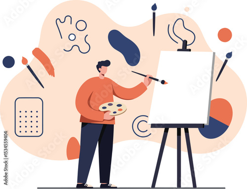 Artist painting on canvas with palette and brush in creative studio environment illustration 